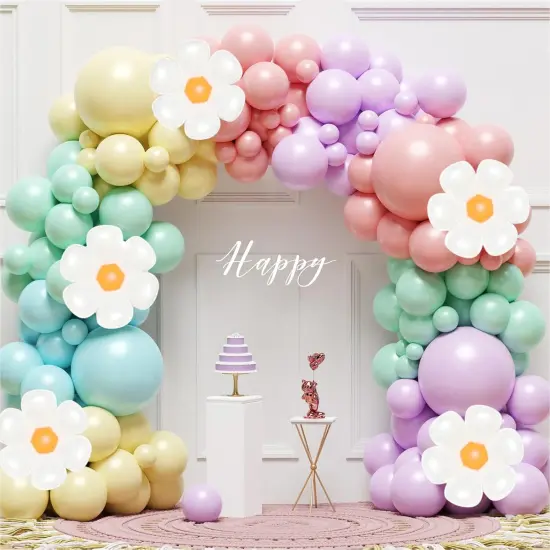 Daisy Balloon Arch Garland Kit - 136Pcs Pastel Rainbow Balloon Arch Kit - Birthday Balloons, White Groovy Flower Macaron Pink Yellow Blue Purple Balloons for First Birthday Wedding Party Decorations {5}