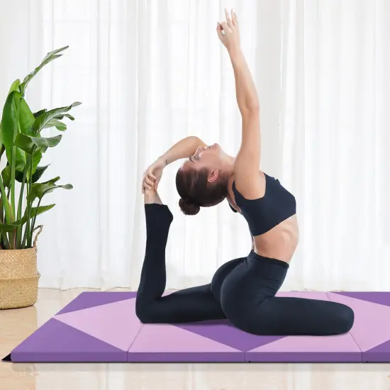 8 Feet PU Leather Folding Gymnastics Mat with Removable Zippered Cover and Hook and Loop Fasteners Pink & Purple {1}