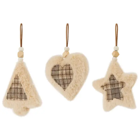 Northlight Plush Tree Star and Heart Shaped Plaid Christmas Ornaments - 4.5" - Tan - Set of 3 Beige {4}