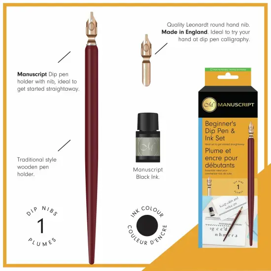 Manuscript Beginner's Dip Pen & Ink Set-Round Hand W/Holder & Black Ink {3}