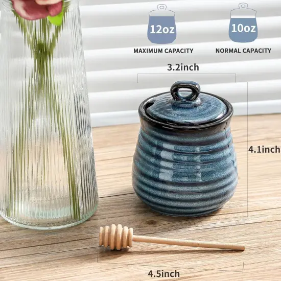 12 Ounce Honey Jar and Dipper Set,Porcelain Honey Pot with Lid and Wooden Dipper,Cute Honey Containers for Party,Holiday,Halloween Favors,Farmhouse Kitchen Decor,Dishwasher Safe,Blue {2}