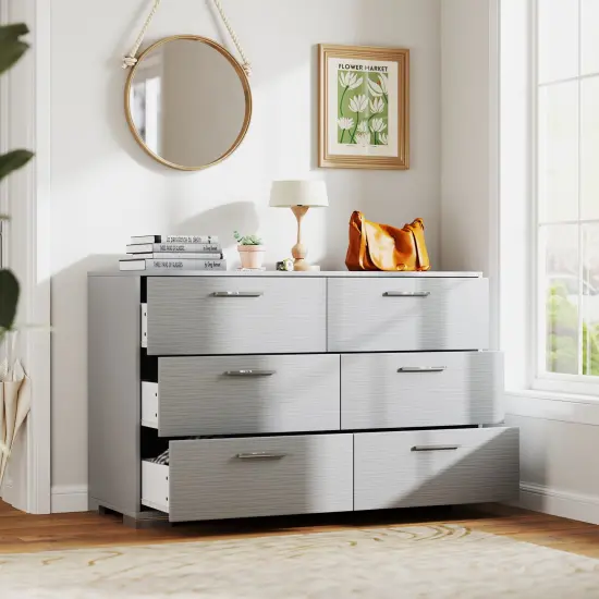 6 Drawer Grey Dresser with Wide Top and Metal Base Storage Cabinet for Bedroom or Entryway {3}