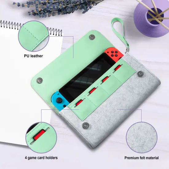 Insten Carrying Case Purse For Nintendo Switch and OLED Model, PU Leather Cover Travel Bag Sleeve Pouch, With Detachable Shoulder Hand Strap For Girls Boys Women, Turquoise Green {3}