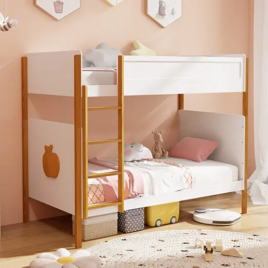 Twin Over Twin Bunk Bed with Solid Wood Frame and Guardrails {2}