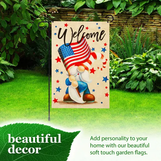 G128 Combo Pack: Garden Flag Stand 36x16IN & Garden Flag Welcome Patriotic Gnome Printed 12x18IN Double Sided {6}