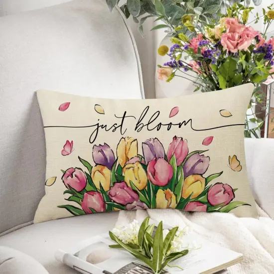 Spring Summer Tulip Flower Lumbar Decorative Rectangle Pillow Cover 12 x 20, Just Bloom Floral Porch Patio Outdoor Pillowcase, Petal Butterfly Seasonal Sofa Couch Cushion Case Home Decor {4}