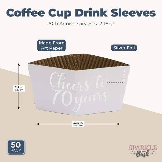 50 Pack 70th Birthday Coffee Cup Sleeves for Cheers to 70 Years Anniversary, 12-16 oz Hot Drink Holder Party Supplies Favors, Silver {2}