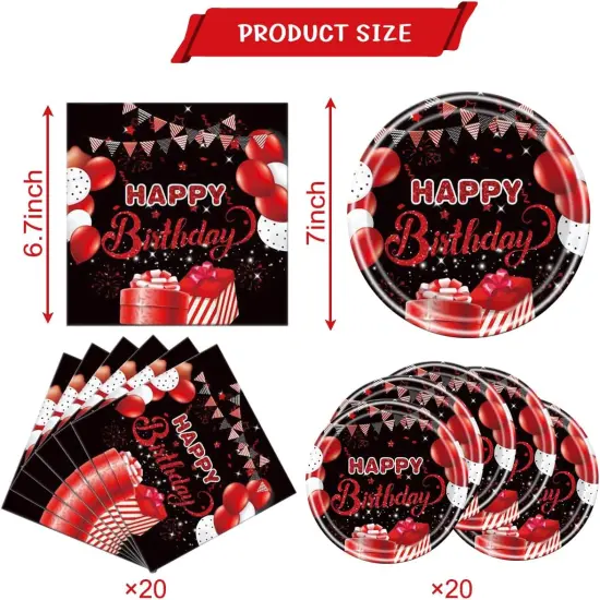 Red and Black Birthday Party Tableware Supplies Set, Red Birthday Party Confetti Sprinkles Happy Birthday Party Decorations 40PCS {2}