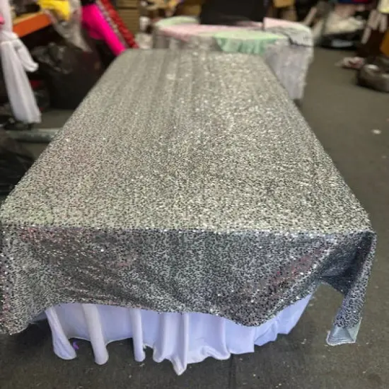 1 Yard Rectangle Sequin Taffeta Tablecloth 55 by 108 Inches Durable Polyester Fabric White {6}