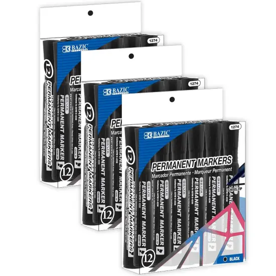 Permanent Markers, Desk Style, Chisel Tip, Black, 12 Per Box, 3 Boxes {1}