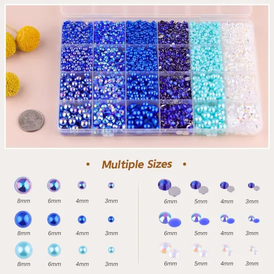 9000PCS Flatback Pearls and Rhinestones for Crafting, Dark Blue 3-10mm Resin Rhinestones and Half Pearls for Bedazzling, Nail Art and Dec with 3pcs B7000 Jewelry Glue, Tweezer and Pickup Pencil {2}