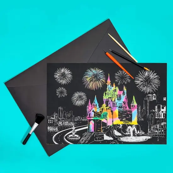 Rainbow Scratch Paper Kit, Whimsical Castle CityScape, Sketch DIY Art Craft, 2 Pcs Castle Designs, 2 Blank Sheets, 4 Tools (16.3 x 11 In) Black {3}
