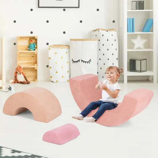 Faux Suede Kids Climbing Set and 3-Piece Soft Arch Play Couch Pink {2}