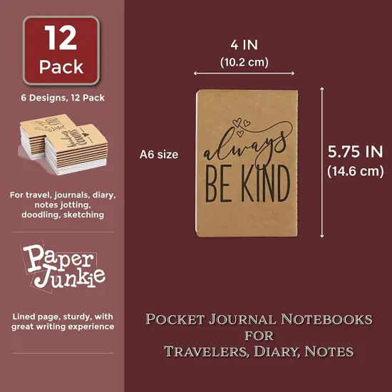 12 Pack Small Blank Pocket Notebook A6 - 6 Inspirational Kindness Quotes - 5.75 x 4 x 0.1 Brown Lined Kraft Paper Journals for Students to Write Stories, Classroom Supplies {2}