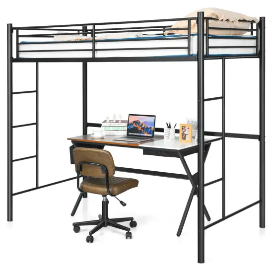 Metal Loft Bed Frame with Dual Ladders, Safety Guardrails and Under-bed Storage Black {4}