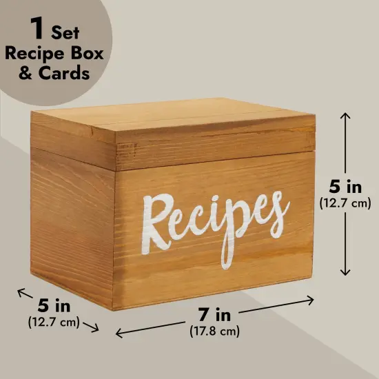 Wooden Recipe Box (7x5x5 in) with Cards and 24 Dividers with Meat, Veggie, Dessert Tabs Brown {3}