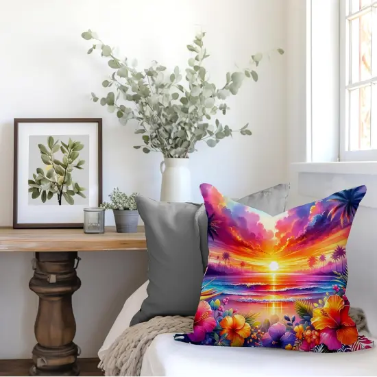 ropical Sunset Beach Pillow Covers 18x18, Beachy Room Decor Aesthetic, Coastal Outdoor Pillow Covers, Floral Pillow Covers {5}