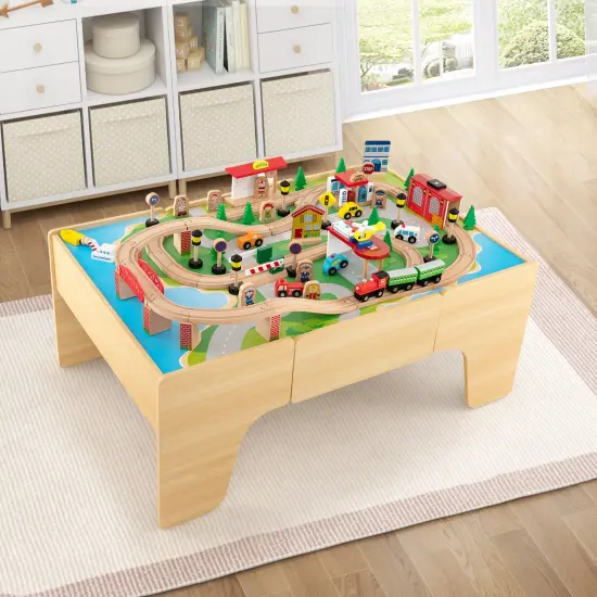 Natural Wood and MDF Train Set Table with Reversible Top and Storage Drawer {2}