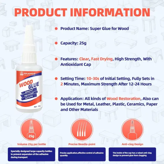 Wood Glue for Woodwork - High Strength Fast Drying Clear Glue, Low Odor - 25g - Suitable for Furniture, Garden, Crafts, DIY, Metal to Wood {3}