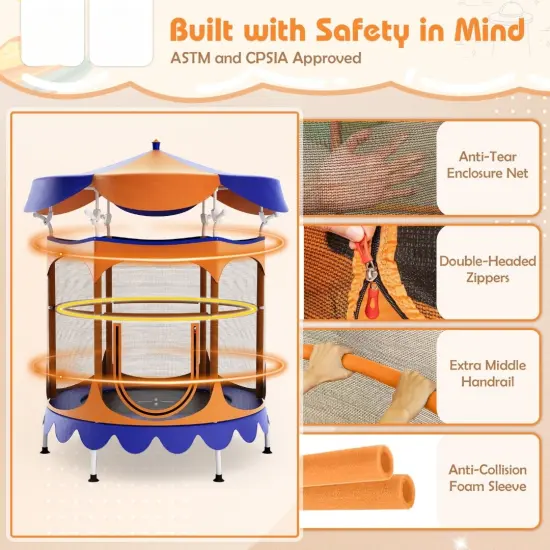 Kids Trampoline with Detachable Canopy, Safety Net, Zipper Door and Foam Padding Orange {6}