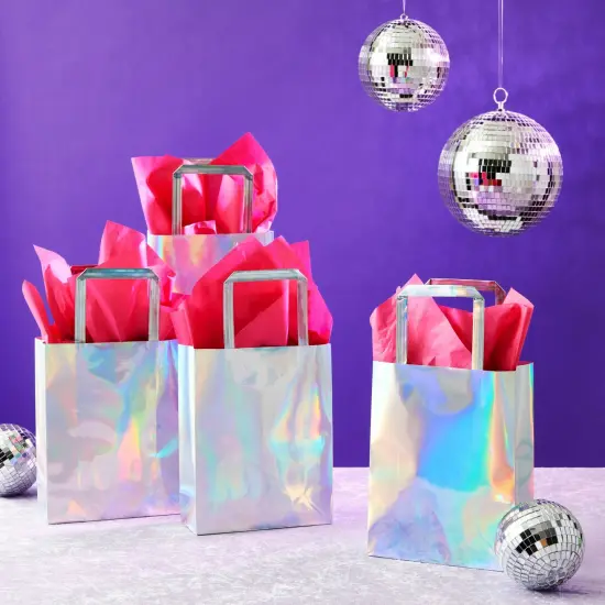 20 Pack Holographic Foil Paper Gift Bags with Handles, Reusable Iridescent Gift Bags for Baby Shower, Birthday, Wedding, Party Favors, Goodies, Boutique (7 x 9 x 3.1 In) Silver {3}