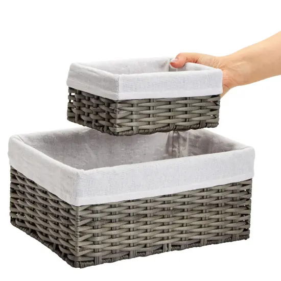 4 Pack Rectangular Wicker Storage Baskets with Liners - Small Decorative Bins for Organizing Shelves (2 Sizes, Gray) Grey {5}