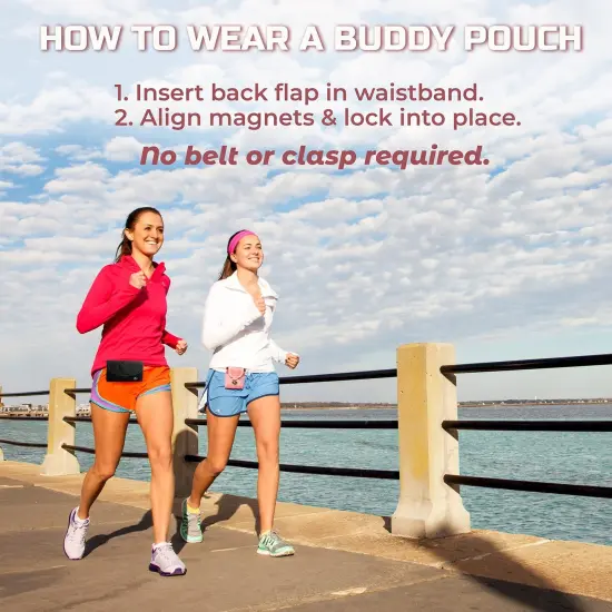 Running Buddy Magnetic Buddy Pouch, Beltess, Chafe and Bounce Free, Runners Fanny Pack, Phone Holder, Great for Running, Walking, Traveling & More, For Men & Women - 5-7/8" L x 4" W - Black and Pink {4}