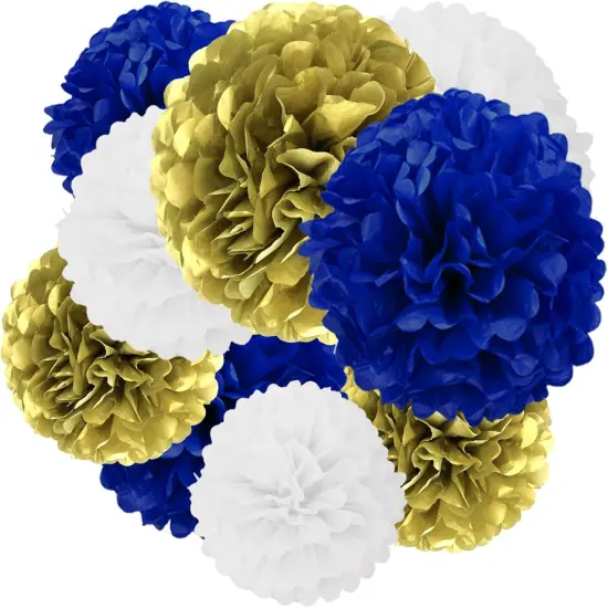12 Piece Pom Pom Party Kit in Navy Blue, Gold & White: Party, Wedding & Nursery Decoration {2}
