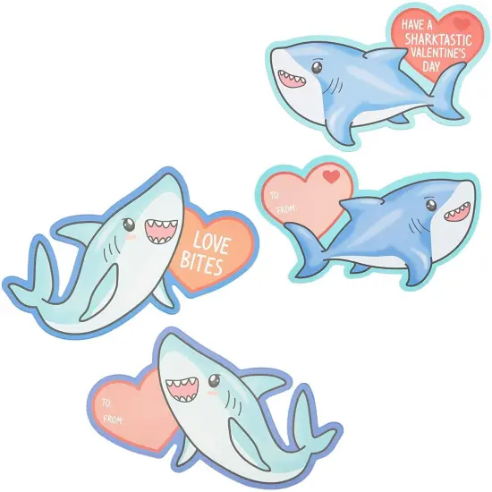 Pipilo Press 36 Pack Cute Shark Animal Valentine's Cards with Envelope, 6 Assorted Heart Designs with 9 Sheets Stickers, Kids Blank Notecards for Classroom Exchange Gift (3.5 x 6 Inch) Blue {6}