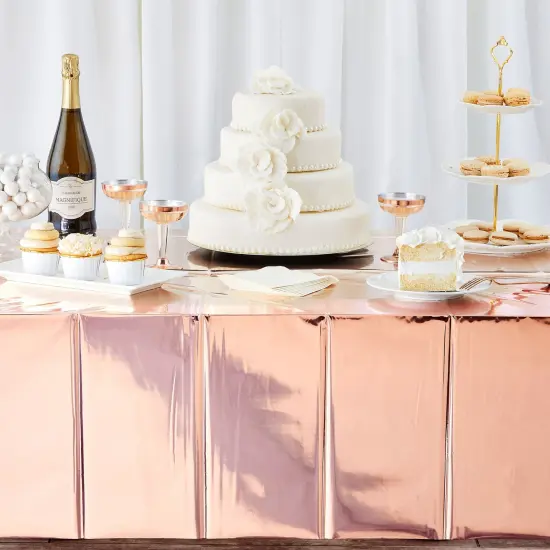 3 Pack Rose Gold Plastic Tablecloth, Metallic Table Cover Disposable for Pink Birthday Parties, Gender Reveal, Bridal Shower Decorations (54 x 108 In) {3}