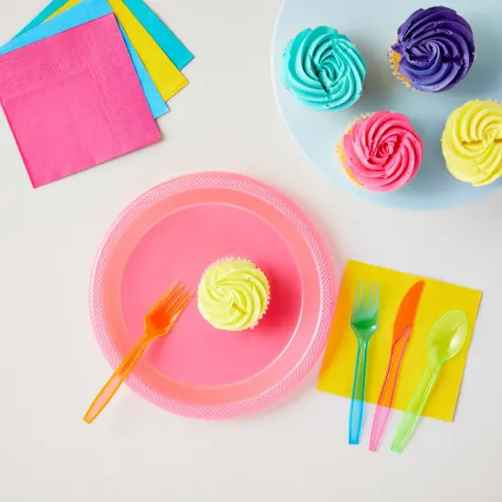 Rainbow Plastic Silverware Set, Neon Forks, Knives, and Spoons (144 Pieces) Multicolor {2}