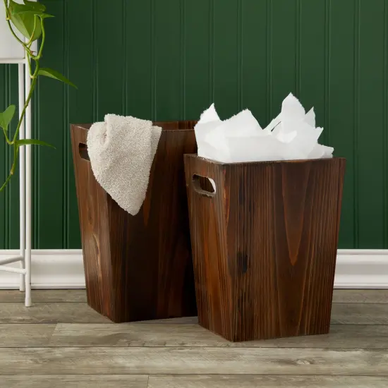 2 Piece Rustic Style Wood Trash Can Set, Farmhouse Square Wastebasket Bin with Handles for Home or Office (Brown, Small & Large) {2}