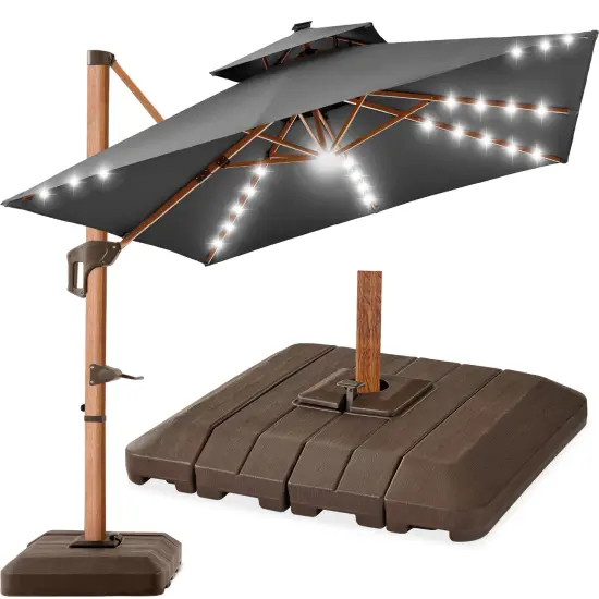 Best Choice Products 10ft Square Woodgrain Pattern 2-Tier Outdoor Solar LED Cantilever Umbrella w/ Base Gray {1}