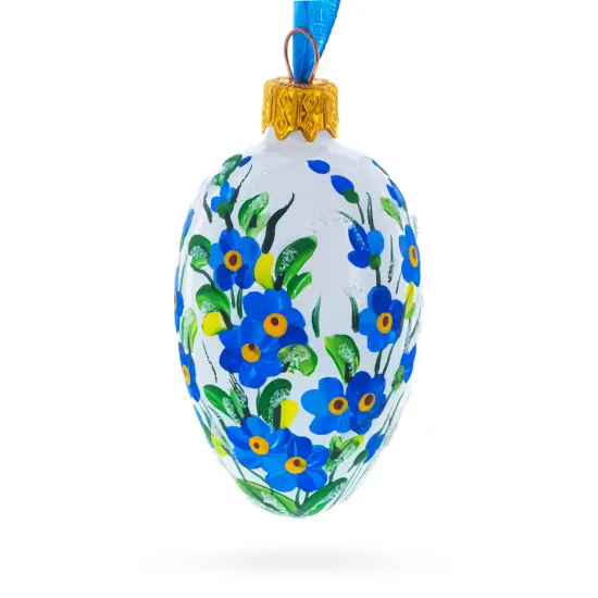 White with Blue Floral and Green Leaf Accents Mini Glass Egg Ornament 2.9 Inches {3}