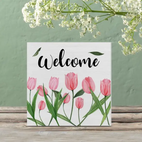 Flower Tulips Summer Tabletop Decor Welcome Wood Box Sign Art Blocks Desk Sign Rustic for Shelf Tabletop Home Decor 5 X 5 Inch {1}