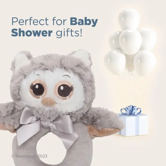 Bearington Baby Lil' Owlie Plush Stuffed Animal Gray Owl Soft Ring Rattle, 5.5" Grey {5}