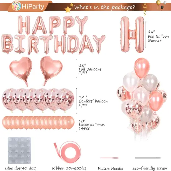 40 pcs Pink Rose Gold Birthday Decorations, 3D Mylar Foil Happy Birthday Banner and 18 inch Big Heart Star Confetti Latex Balloons {4}