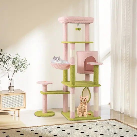 Pink-Green Teddy Plush Cat Tree with Condo, Hammock and Floral Scratching Posts {2}