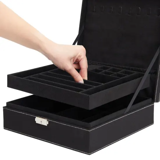 Velvet Jewelry Box Organizer - Lockable 2 Layer Travel Case, Earrings Storage with Removable Tray for Women, Men (Black) {6}