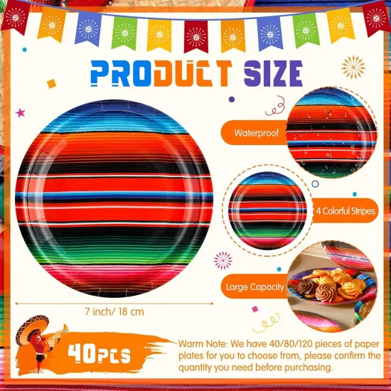 40 Pcs Mexican Paper Plates 7" Disposable Serape Fiesta Party Decoration Mexico Stripes Dessert Plate Colorful Mexico Platter Supply for Cinco De Mayo Pi&ntilde;ata Taco Dinner Tableware {3}
