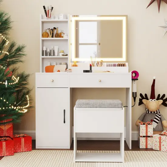 Vanity Set with 3-Color Adjustable Lights, Storage, Charging Ports and Stool White {2}