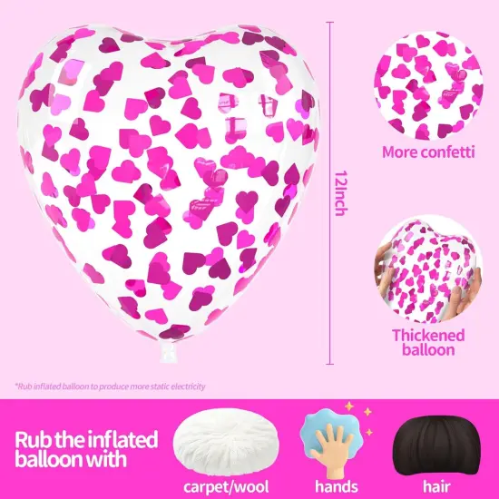 Hot Pink Heart Confetti Balloons 30 Pcs, 12 Inch Clear Heart Latex Balloon with Heart Confetti Inside for Wedding Anniversary Birthday Party Valentine Baby Shower Bridal Shower Decorations Supplies {2}