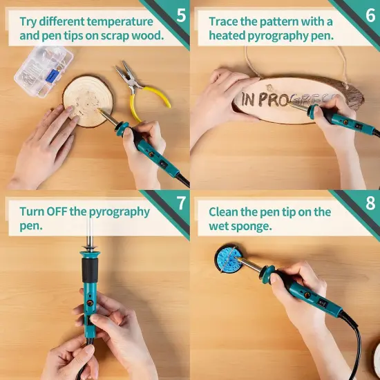 Pyrography Wood Burning Pen Kit Adjustable Temperature, Power Switch, Heat Deflector, Rubber Grip with 10 Pyrography Tips, 2 Wood Pieces, Flip-Up Pen Stand, for Woodburning DIY Crafts {5}