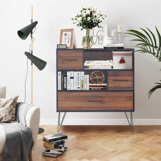 Costway Sideboard Storage Cabinet Multipurpose Display Unit w/Metal Leg & Drawers Walnut {5}