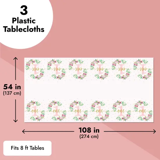 3 Pack Floral Plastic Tablecloth for Baby Girl's 1st Birthday Party Supplies (54 x 108 In) White {5}