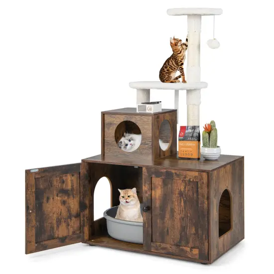 Costway 2-in-1 Wooden Litter Box Enclosure with Cat Tree Hidden Washroom Furniture White/Brown/Gray {7}