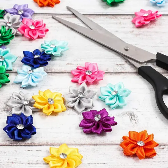 Satin Ribbon Daisy Flower Heads with Rhinestones, 10 Colors (1.2 in, 100 Pack) Multicolor {3}