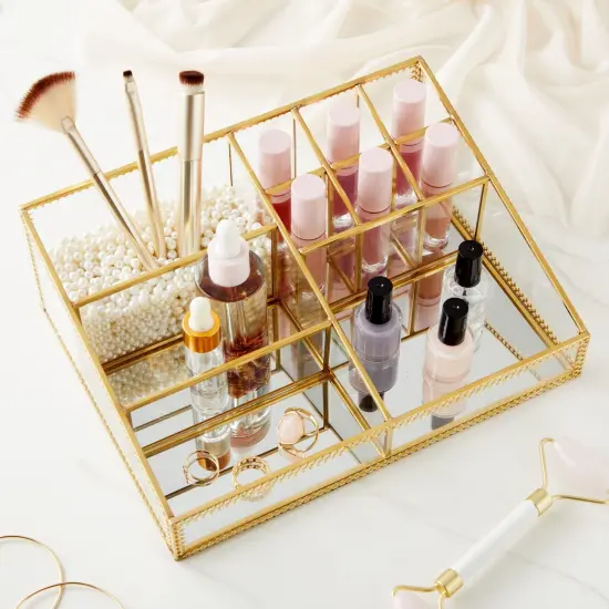 Glass Makeup Organizer with Gold Trim for Vanity, Cosmetic Storage (10.2 x 7.5 x 3.5 In) {3}