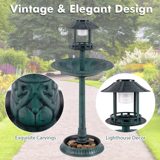 PP Solar Bird Bath Feeder Planter with LED Light and Vintage Design Green {6}