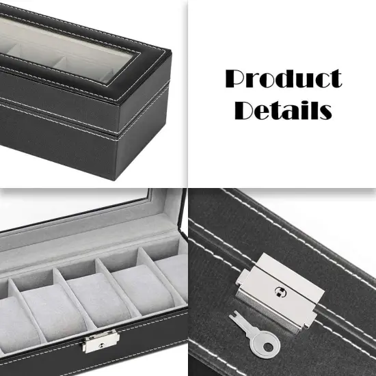 6-Slot Leather Watch Box Organizer with Glass Lid - Jewelry Storage Case, Multi-Functional Display for Men, Gift Idea (Black) {3}